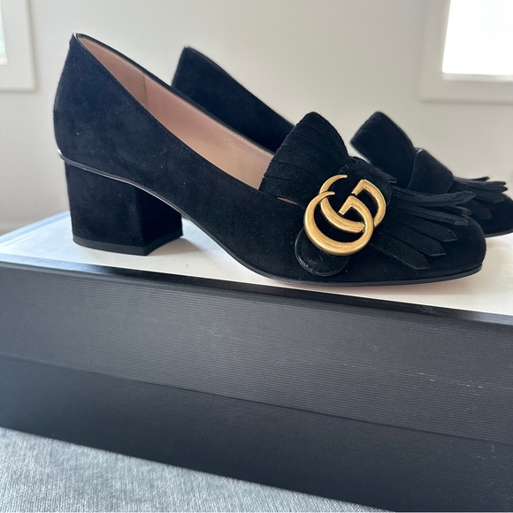 Gucci Shoes - Gucci Black Suede Marmont Fringe Loafers with Gold Double G